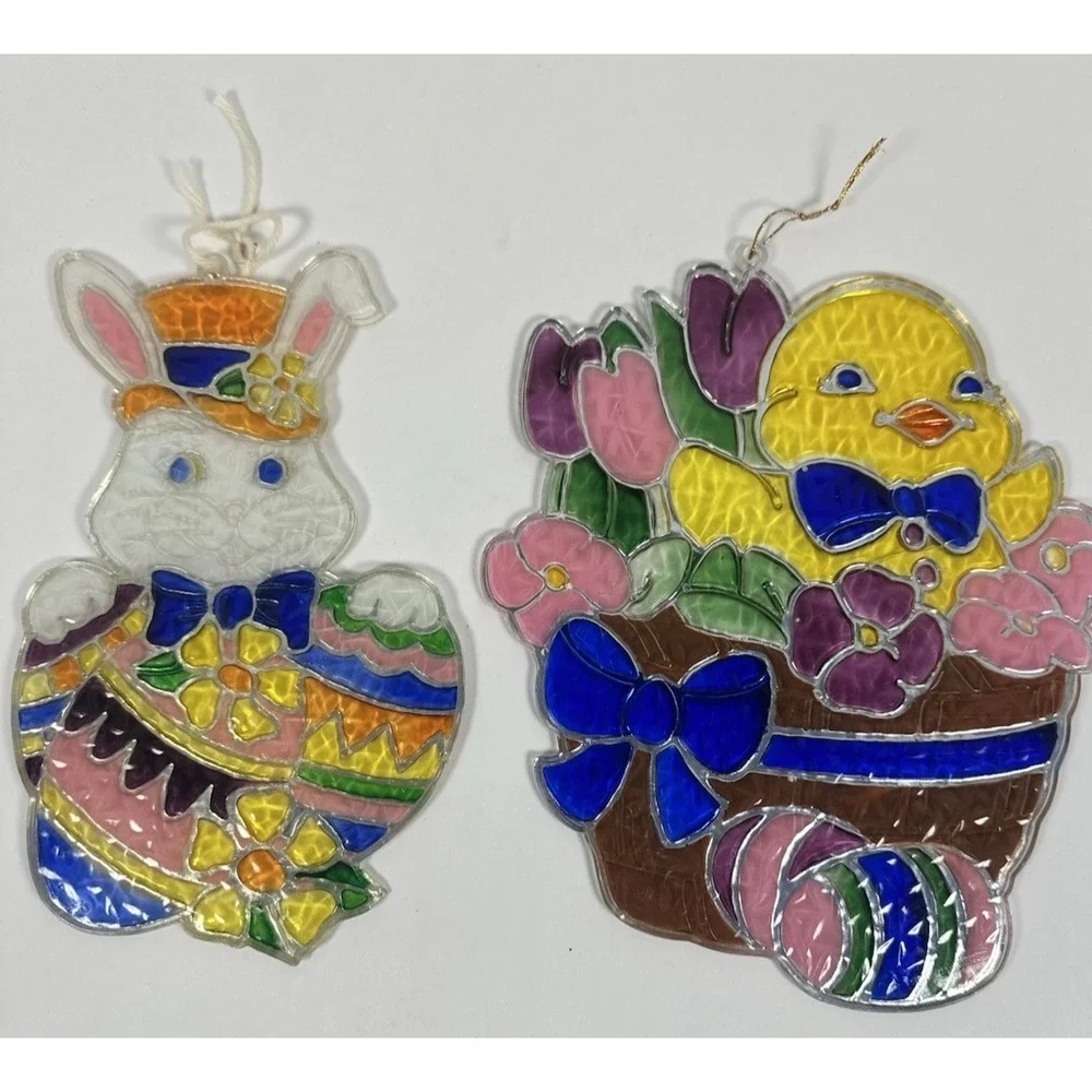 VTG 1980's Easter Window Decoration Crystalline Plastic Stained Glass Look Bunny